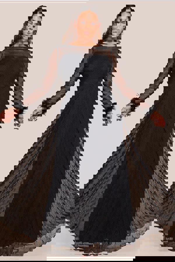 Dobby Mesh Feather Sleeve Hem Maxi Dress - Black DR4046PLUS