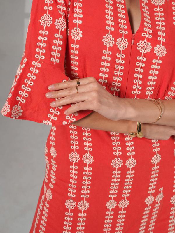 Rose & Nancy Cat Coral Embroidered Midi Dress