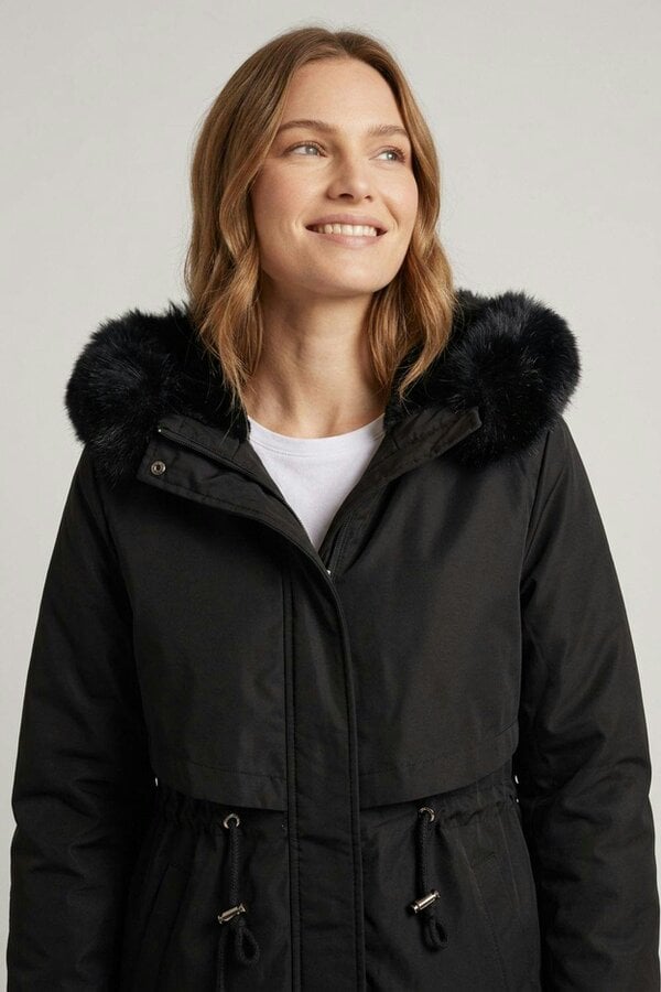 Izabel London Faux Fur Trim Hooded Thigh Length Coat