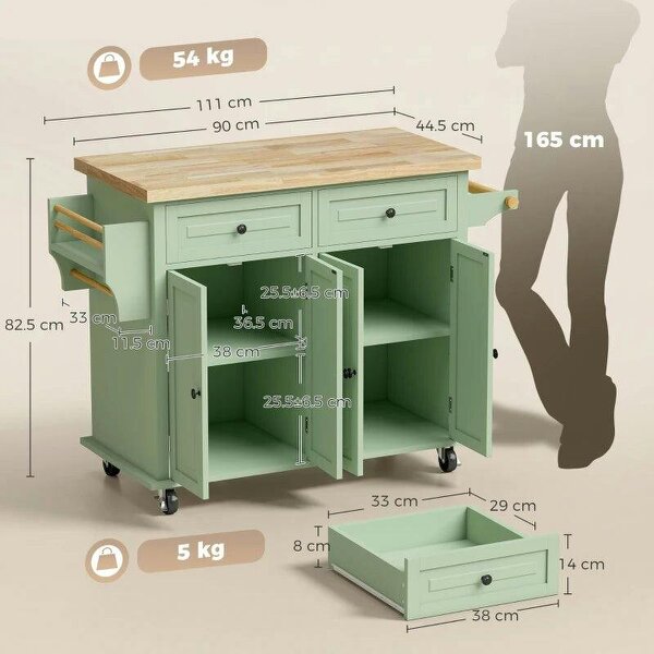 Rolling Kitchen Island Storage Trolley with Rubber Wood Top & Drawers for Dining Room, Light Green