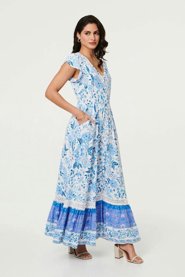 Blue | Floral Border Cap Sleeve Maxi Dress
