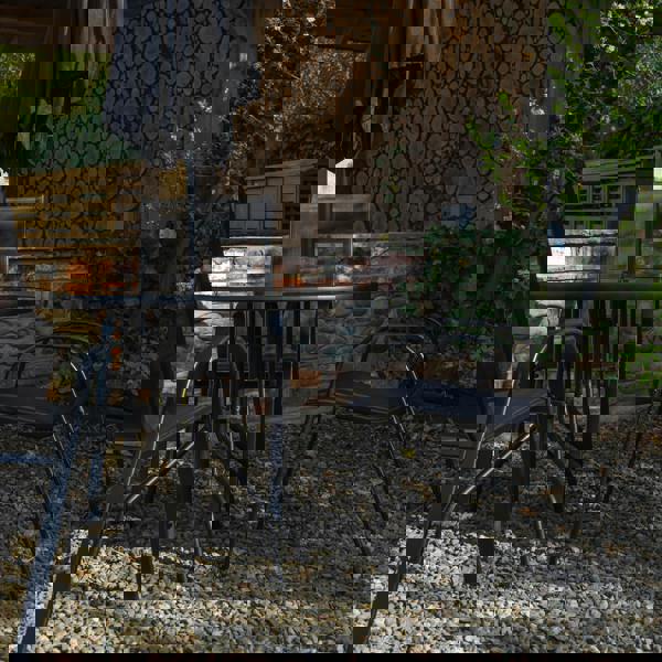 Samuel Alexander Outdoor 4 Person Round Glass Top Garden Dining Table Chairs With Black Parasol and Base Set