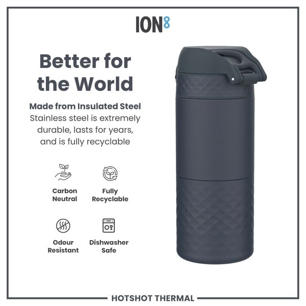 A dark-grey, insulated steel thermos sits on a white background; it is durable, recyclable, and dishwasher-safe. The text advertises it as "Better for the World."