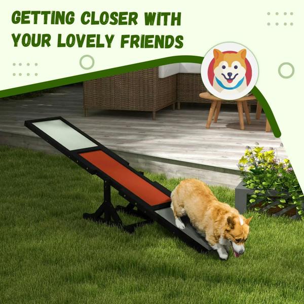 Black outdoor dog seesaw with orange middle and light anti-slip surface, dog walking