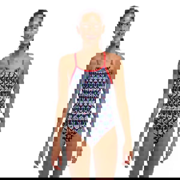 Funkita Girls Sitting Duck Diamond Back swimsuit in navy white with blue geometric pattern