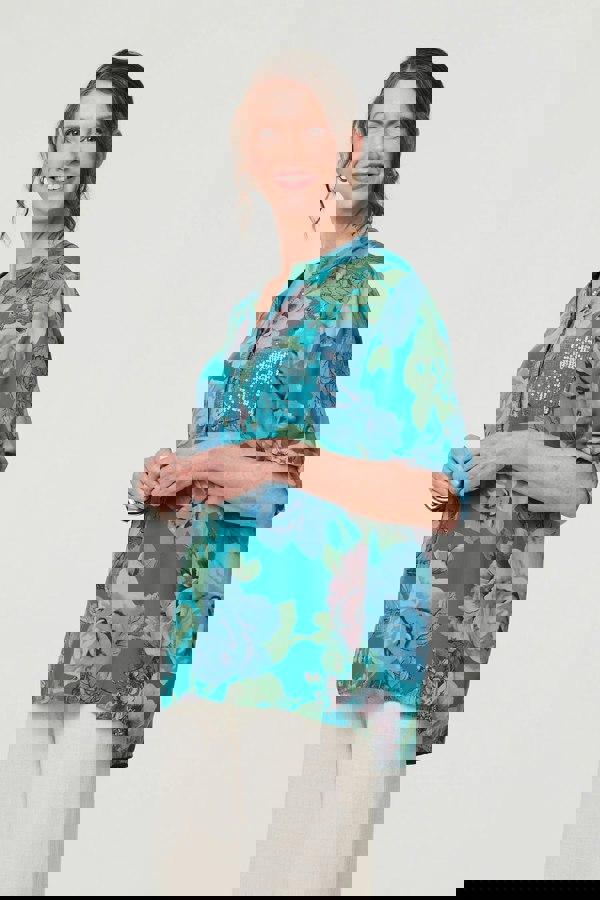 Teal | Floral Sequin Embellished Relaxed Blouse
