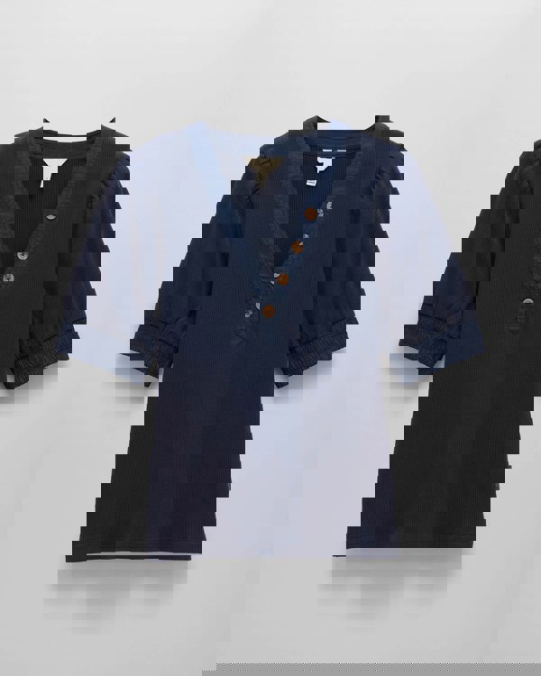 Joules Tabitha Womens Ribbed V-Neck Top With Puff Sleeves - Navy - CHO - Designer 