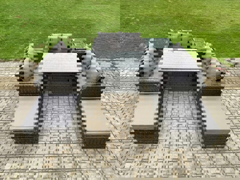 Fimous Rattan Garden Outdoor Furniture 3 PC Love Sofa Set Patio Adjustable Rising lifting Dining Table With Side Table 2 Big Footstool