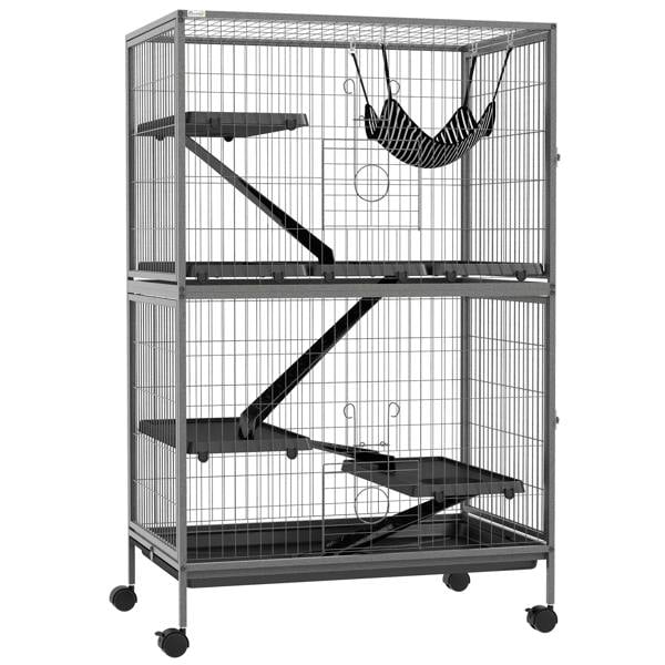 Grey wire small animal cage with hanging hammock, tiered platforms, and lockable wheels.