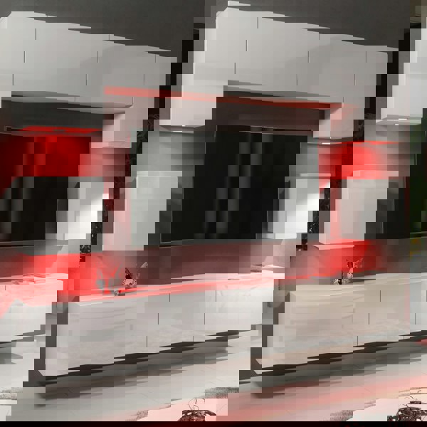 Mex Furniture Modern Wall Unit 242cm – White Matt Body & White Gloss Doors – 9 Elements with Full Storage + Free RGB LED