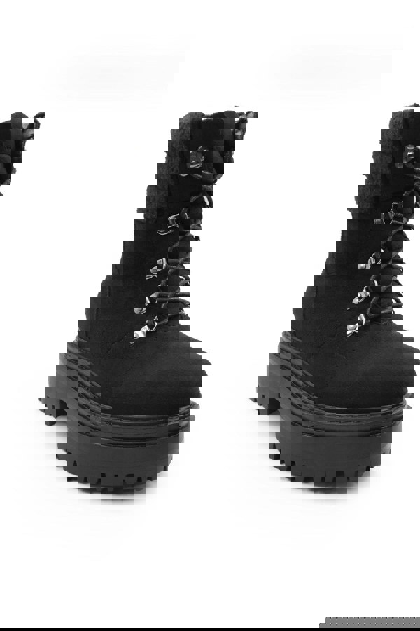 Where's That From Heidi Platform Lace Up Boot With Side Zip and Faux Wool Detail Around the Ankle in Black Suede