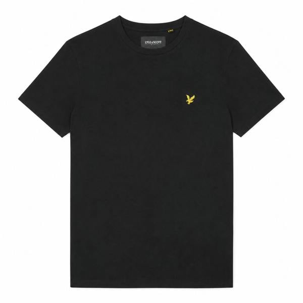 Jet black Lyle & Scott crew neck t-shirt featuring a signature yellow eagle logo embroidered on the chest.