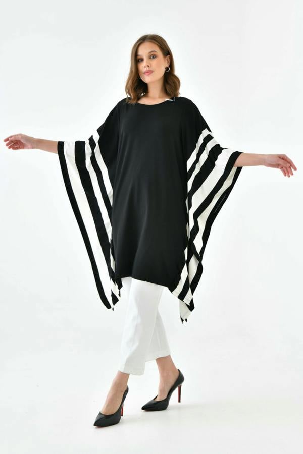 Hoxton Gal Oversized Wide Sleeve Tunic Dress with White Stripe Details in Black