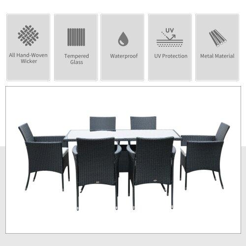 Wyld Haus Loreke Black Rattan 6 Seater Outdoor Dining Set With Armchairs And Glass Top Table