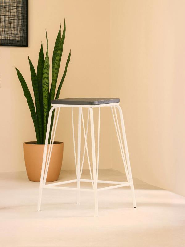 District White Metal And Elm Wood Stool
