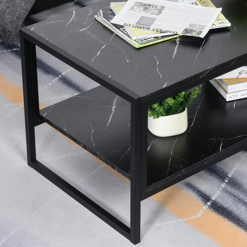 Wyld Haus Minaba Metal And Wood Black 2 Tier Marble Effect Coffee Table With Bottom Shelf