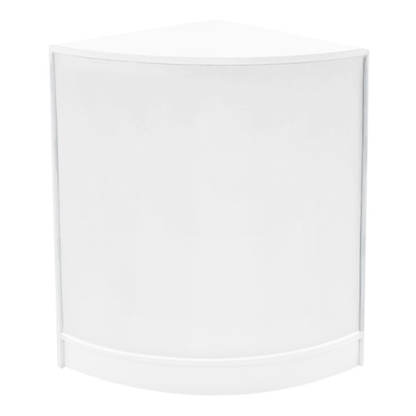 Curved white LED shop counter with a sleek design, ideal for retail displays and promotions, featuring a smooth finish and modern aesthetic