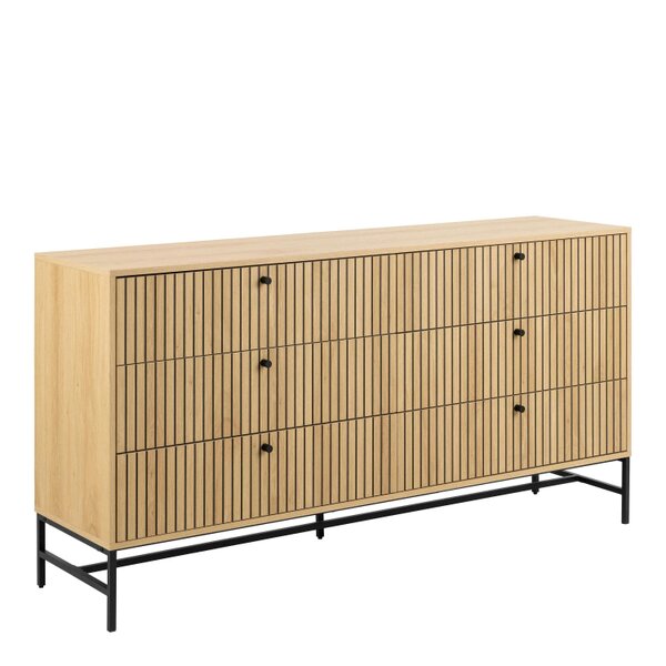 Wyld Haus Bjork Natural Oak Wood and Black Panelled Wide Chest of 6 Drawers