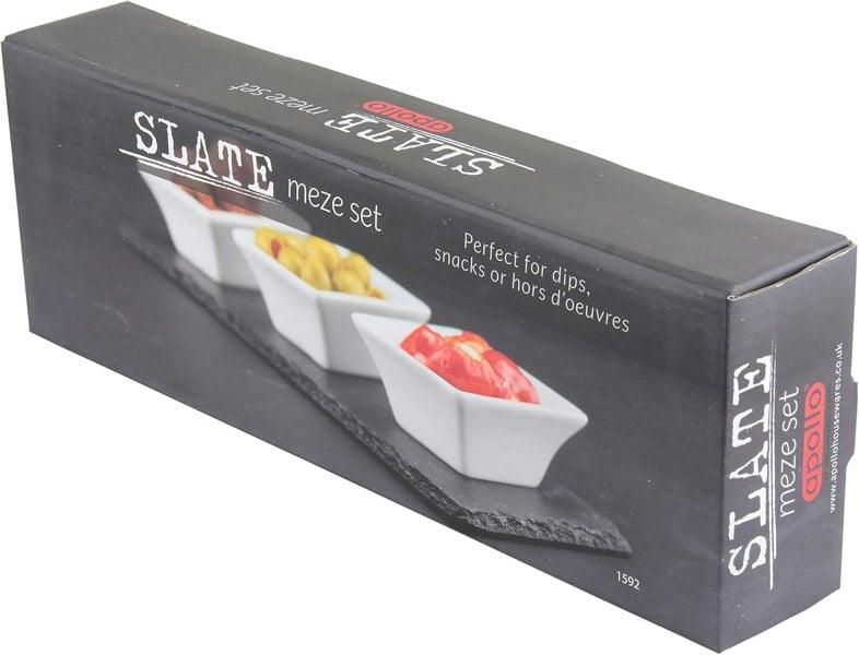 Meze Dip Bowl & Slate Tray - 4 Piece Set, Black