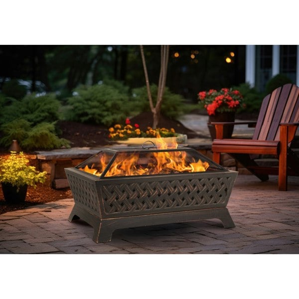 Rectangular Black Fire Pit Wood Burner - Modern Outdoor Garden Heater Mesh Lid - LoopsDirect