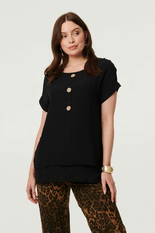 Black | Layered Hem Short Sleeve Tunic Top : Model is 5'9"/175 cm and wears UK8/EU36/US4/AUS8