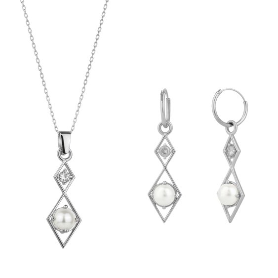 Spero London Sterling Silver Rhombus 3D Pearl Necklace and Earring Set - Silver
