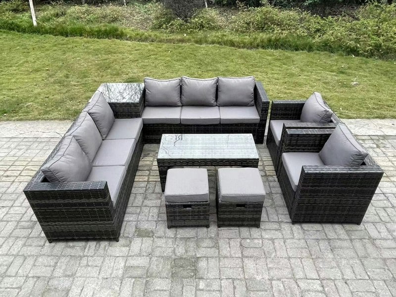 Fimous 10 Seater Rattan Corner Sofa Set With Square Side Table And Oblong Rectangular Coffee Tea Table 2 PC Arm Chair 2 Stools Dark Grey Mixed