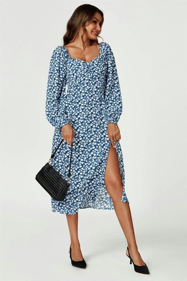 FS Collection Floral Print Long Sleeve Heart Neckline Midi Dress In Blue
