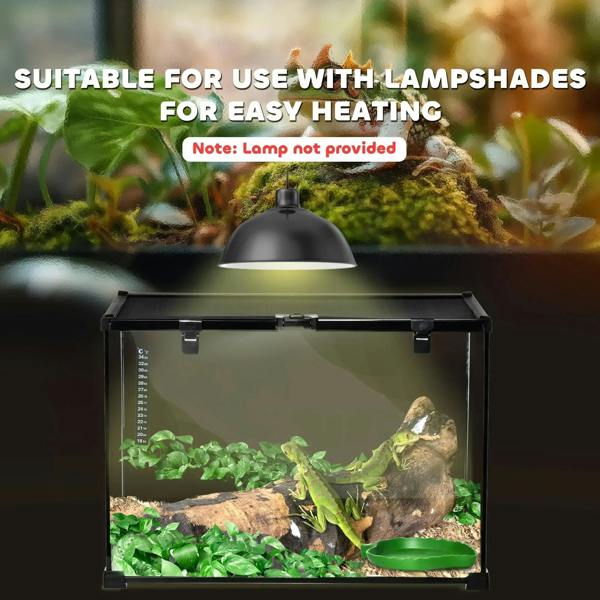 Black framed glass terrarium for heat lamp use, with green water basin and thermometer