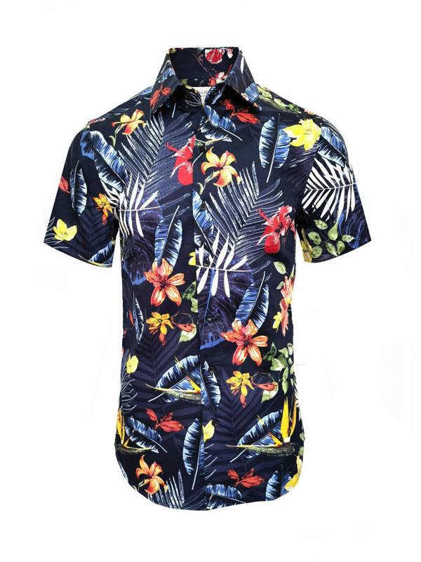 Navy Flower Print Short Sleeves Shirt