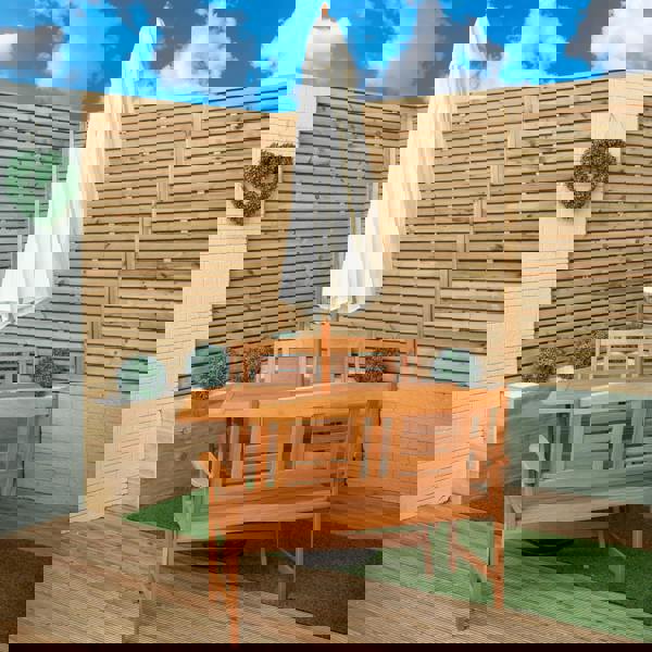 Samuel Alexander Outdoor 4 Person Folding Rectangular Wooden Garden Dining Table Benches Cream Parasol and Base Set