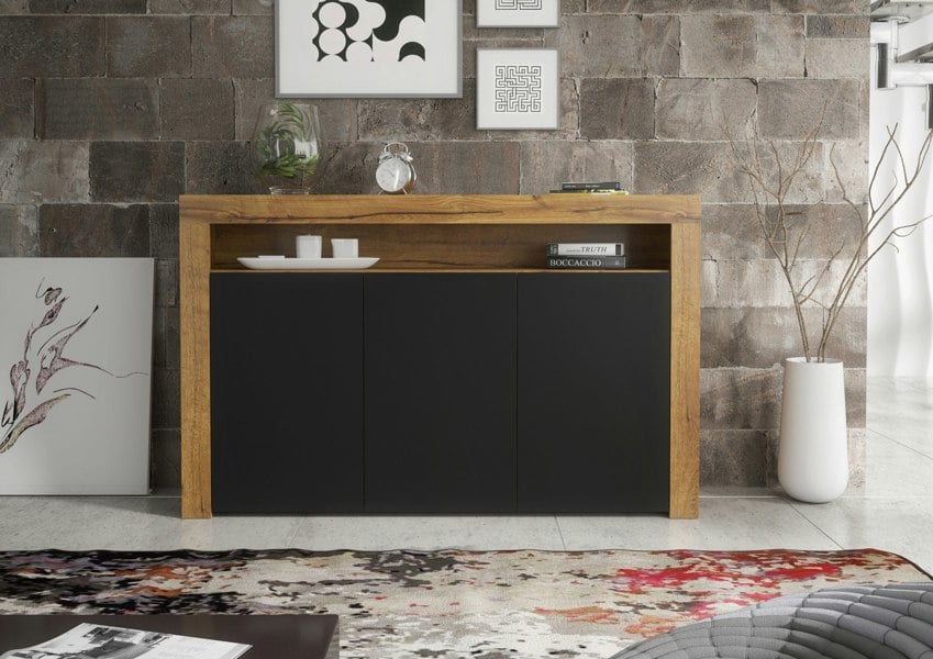Mex Furniture Modern Sideboard 155cm – Oak Matt Body with Black Matt Doors