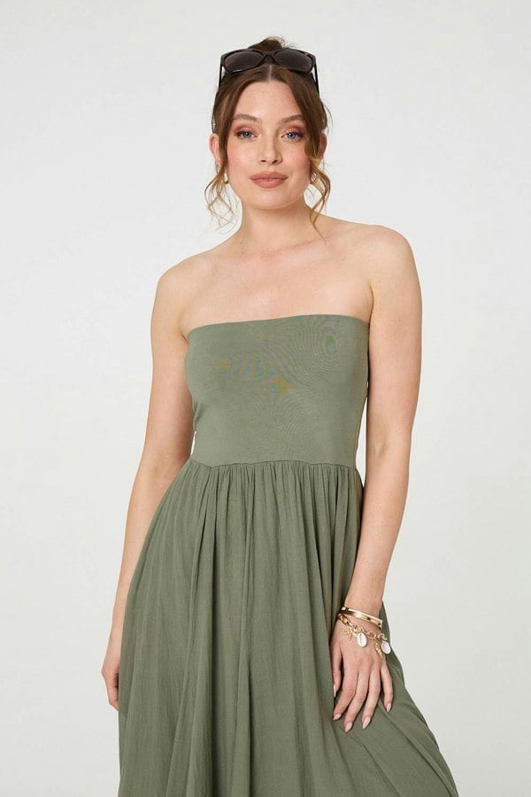Khaki | Stretchy High Waist A-Line Maxi Skirt