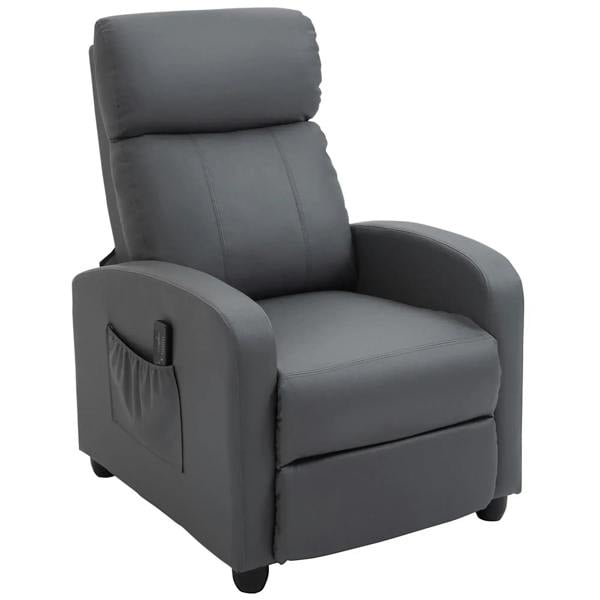 Grey faux leather push-back recliner armchair with padded headrest and armrests