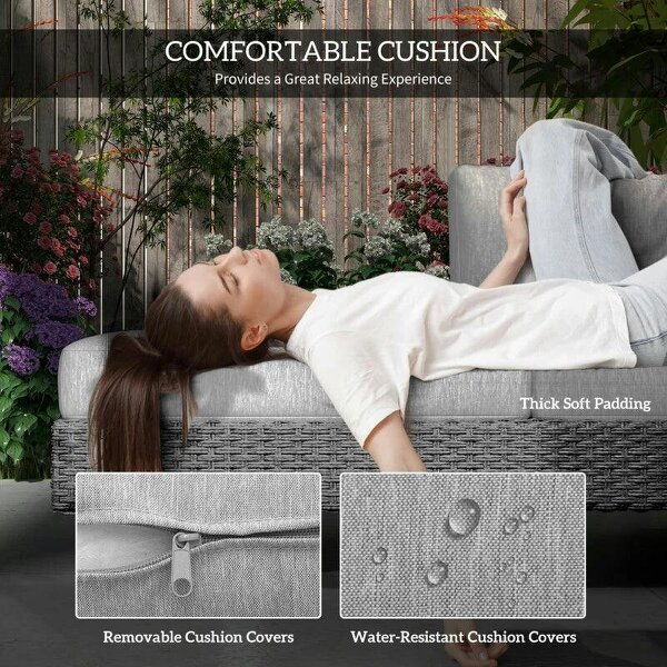 Three-Piece Rattan Sofa Set, with Cushions - Light Grey