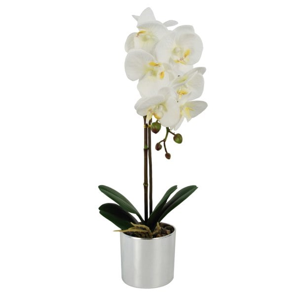 Leaf 46cm Artificial Orchid White with Silver Pot