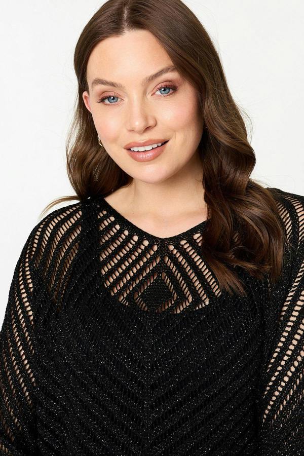 Black | Sparkly Sheer Mesh 3/4 Sleeve Top