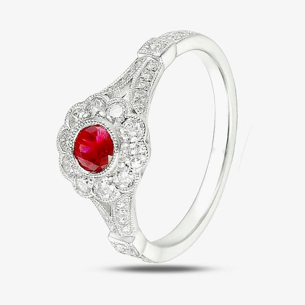 T. H. Baker 18ct White Gold Oval Ruby and Diamond Shouldered Vintage Cluster Ring EC1030/RU/WG