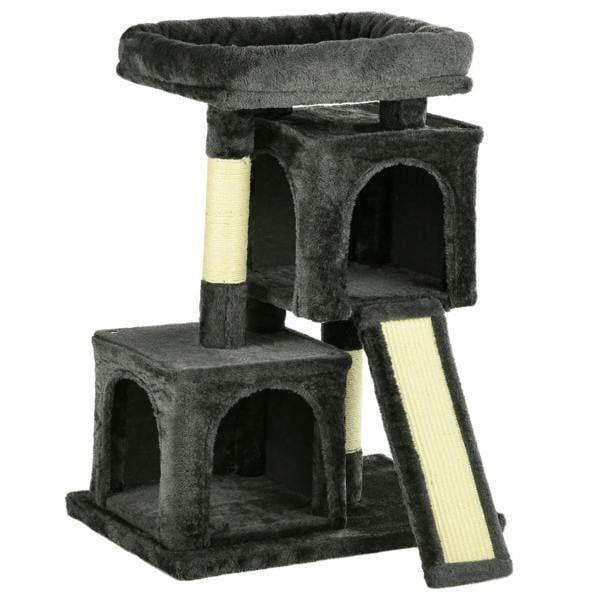 Black multi-level cat tree with cushioned platforms, enclosed hideout, and sisal posts
