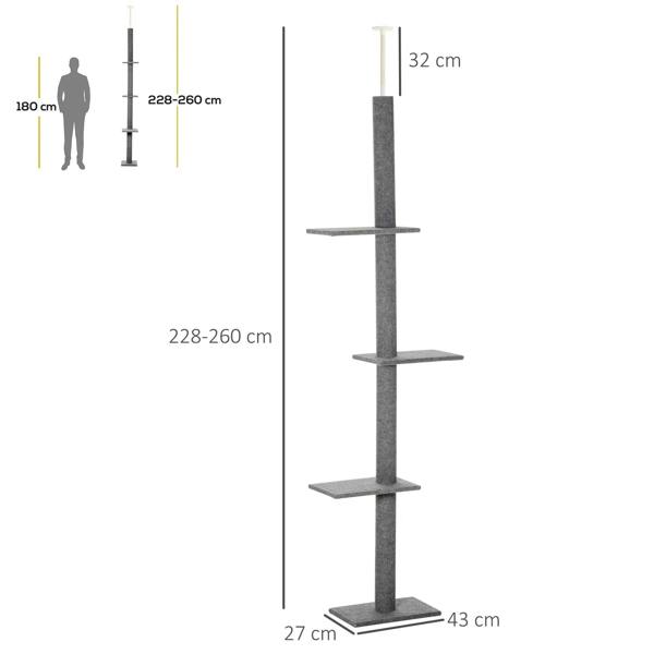 Grey floor-to-ceiling cat tree tower with three platforms; height measurement overlay shown