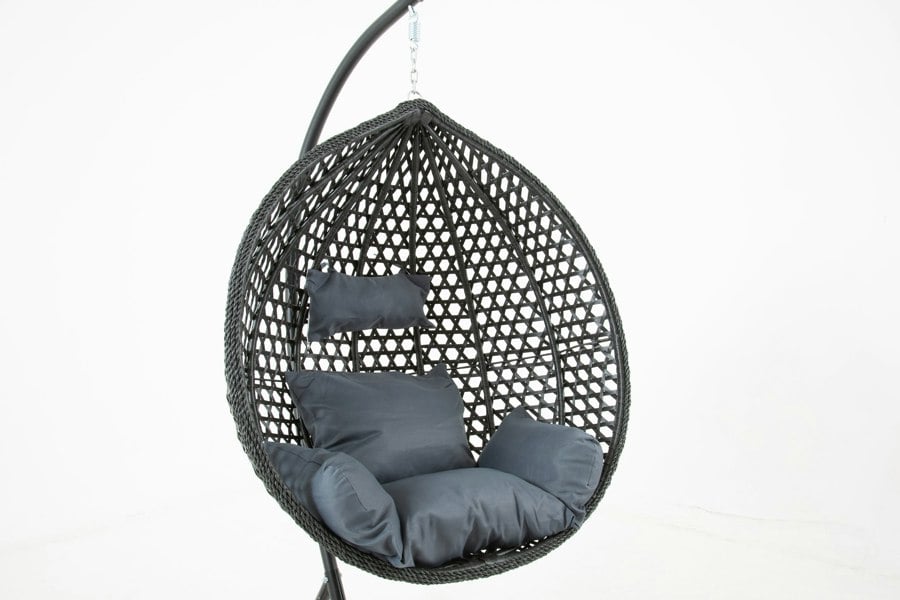 Outdoor Living The Onyx Black Hanging Swing Pod Egg Chair - Large with deep Grey Cushions