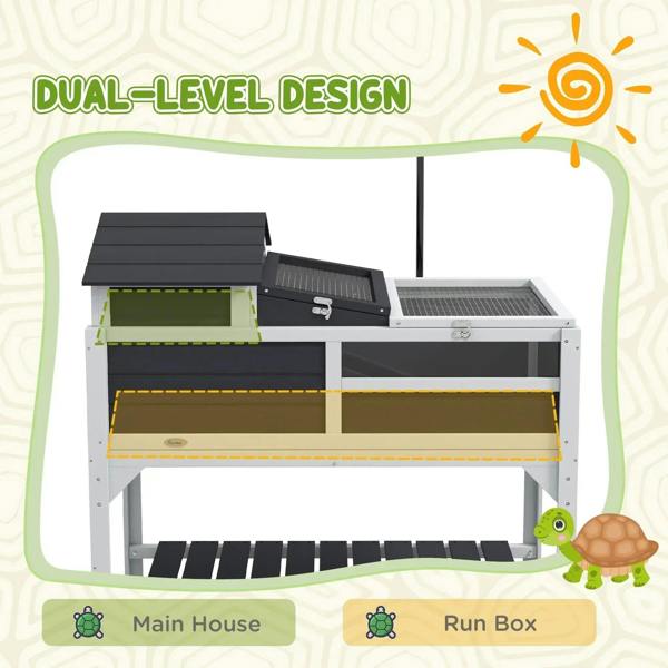 Gray dual-level tortoise enclosure with open run box and removable tray