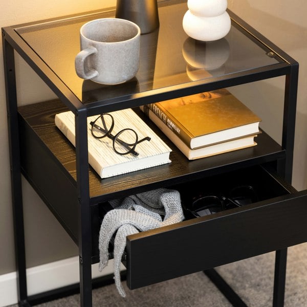 Furniture To Go Randolf Bedside Table in Black with Smoked Glass