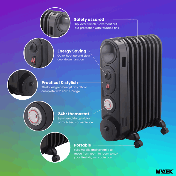 Mylek Oil Filled Radiator Electric Heater, Portable, Thermostat and 24hr Timer, Black 2000W
