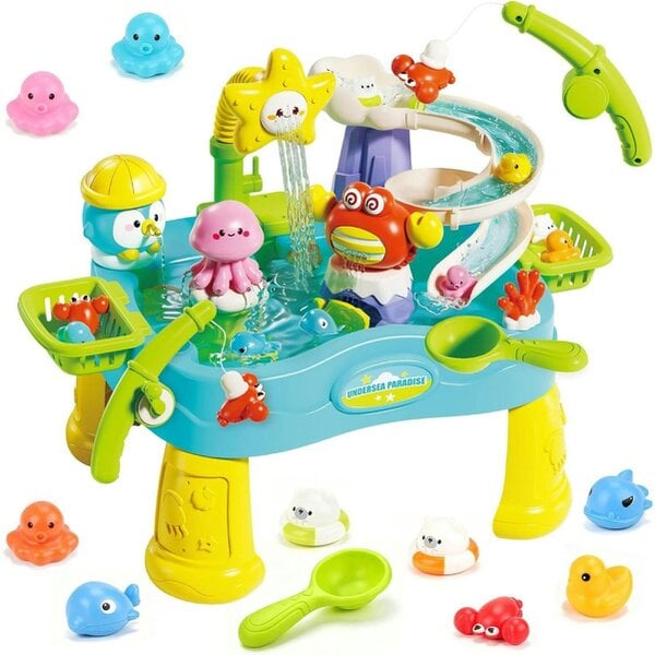 deAO Toys deAO Water Play Sink Play Table with Fishing Rod, Water Slide & Sea Animal Toys Interactive Outdoor Sensory Playset for Kids Ages 3+ (Blue)