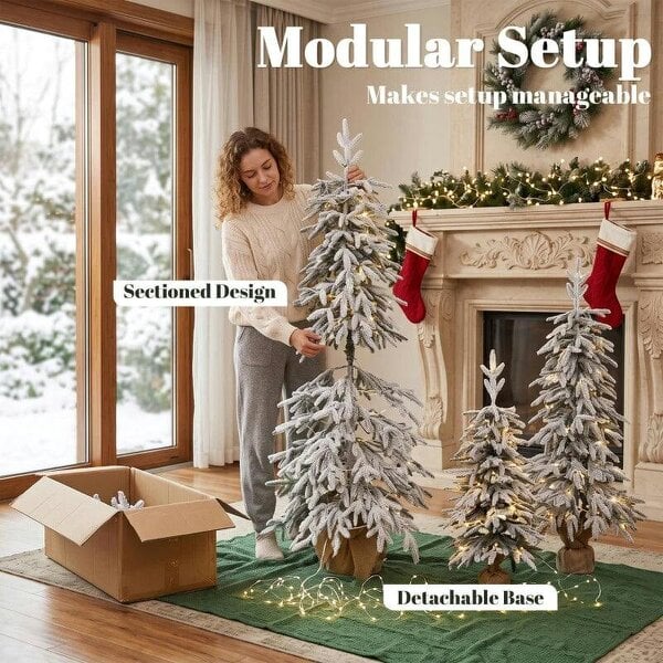 Bobobiy Prelit Flocked Artificial Christmas Tree Set of 3 Snowy Xmas Tree Warm White LED Lights (3FT+4FT+5FT)