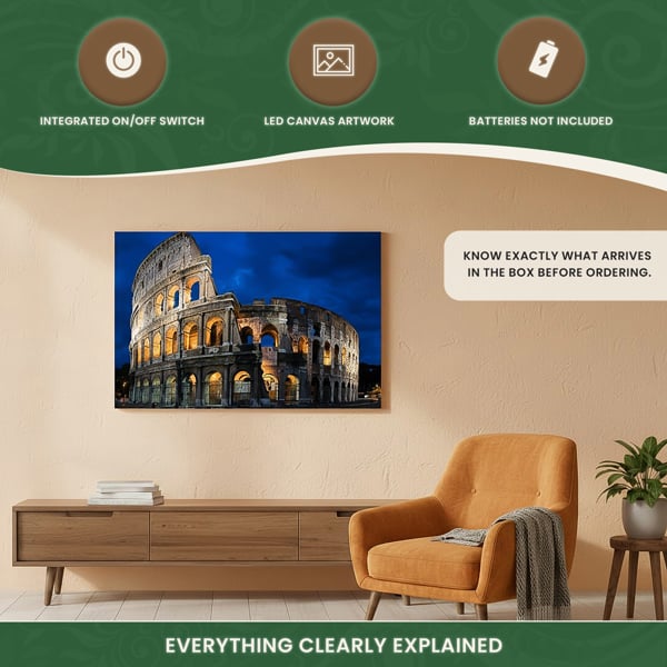 Roman Coliseum Print LED Canvas, 60 x 40 cm, Stretched Wooden Frame, 6 LED Lights in the Arches, Battery Powered with Switch