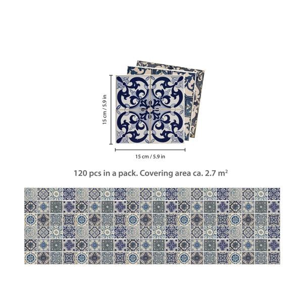 WT1584 - Malaga Spanish Blue Wall Tile Sticker Set - 15 x 15 cm (6 x 6 in) - 24 pcs