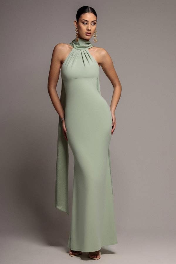 Scuba & Velvet Satin Cape Sleeve Halterneck Maxi Dress - Sage Green DR4973
