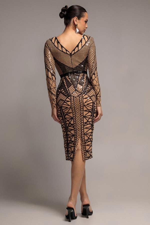 Geometric Sequin Plunge Midi - Black DR4191